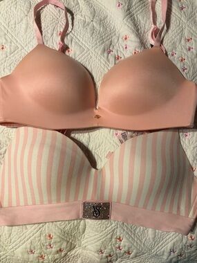 Victoria's Secret Pink Solid & Pink-White Striped Padded Bra Set
